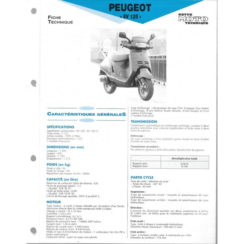 PEUGEOT SV 125 (modèles 1991 à 1994) Fiche RMT