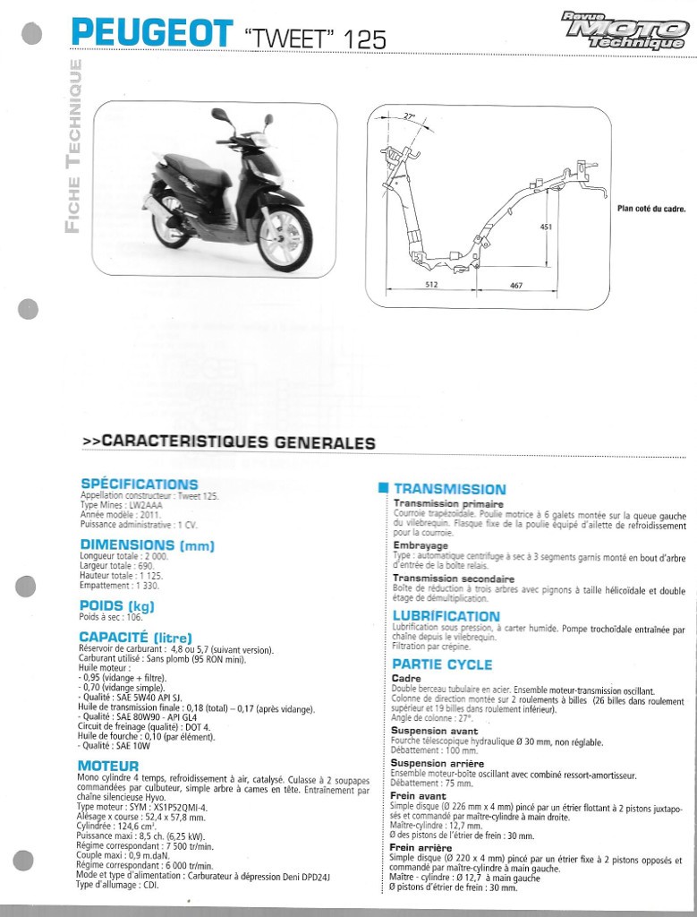 Peugeot scooter TWEET 50 125 151 cm3 notice d'utilisation et d'entretien 2011 