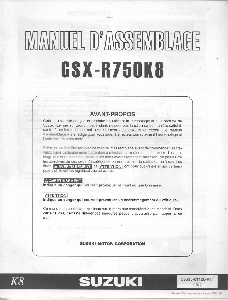 MANUEL REVUE TECHNIQUE D ATELIER SUZUKI GSX-R GSXR 750 2008 K8 ENTRETIEN